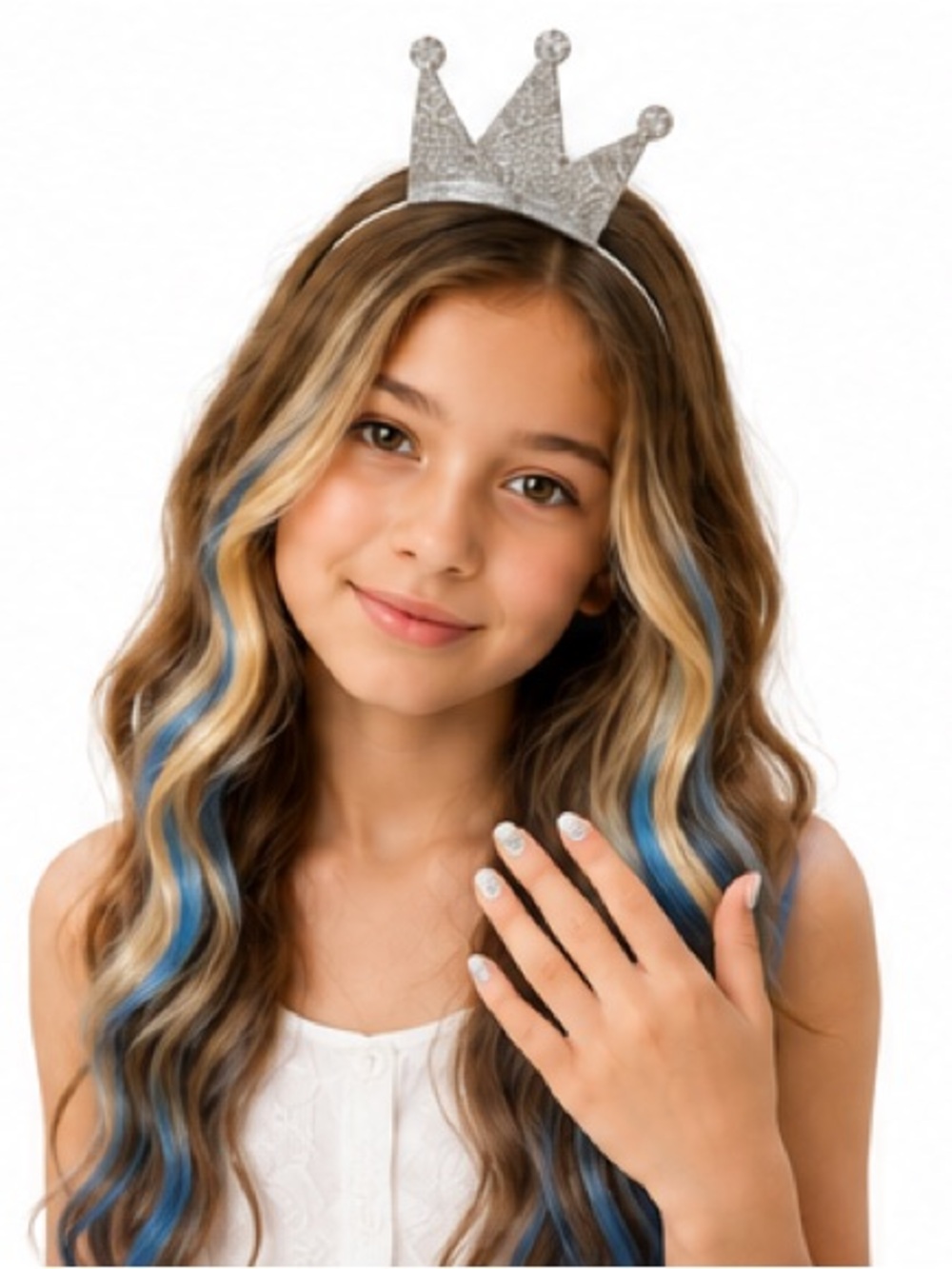 NEW 3PC Silver Glitter Crown Headband, Blue Ombre Hair Extension & Nail Stickers